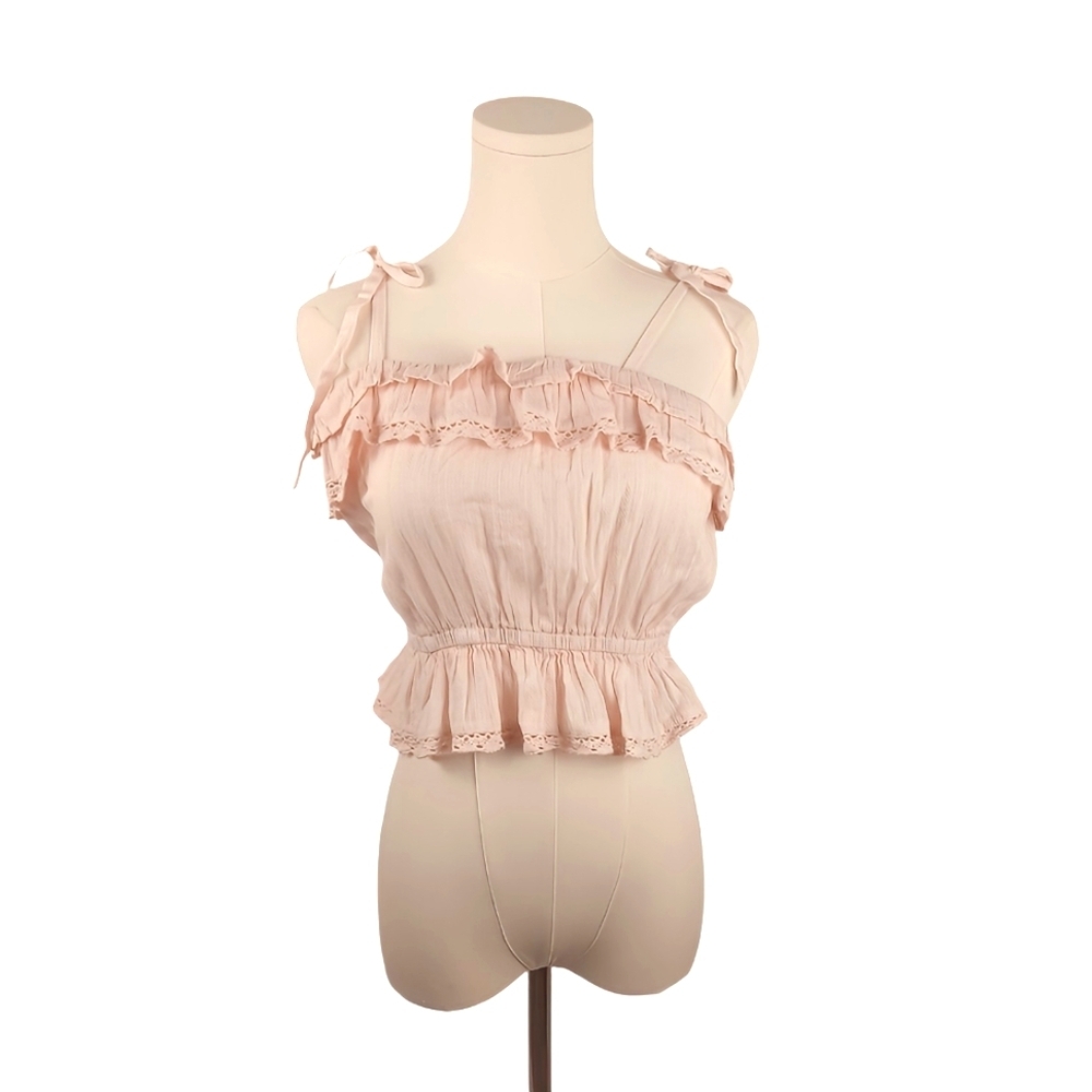 True Craft Pastel Pink Off Shoulder Ruffle Crop Top M Lace Peplum Coquette NWOT